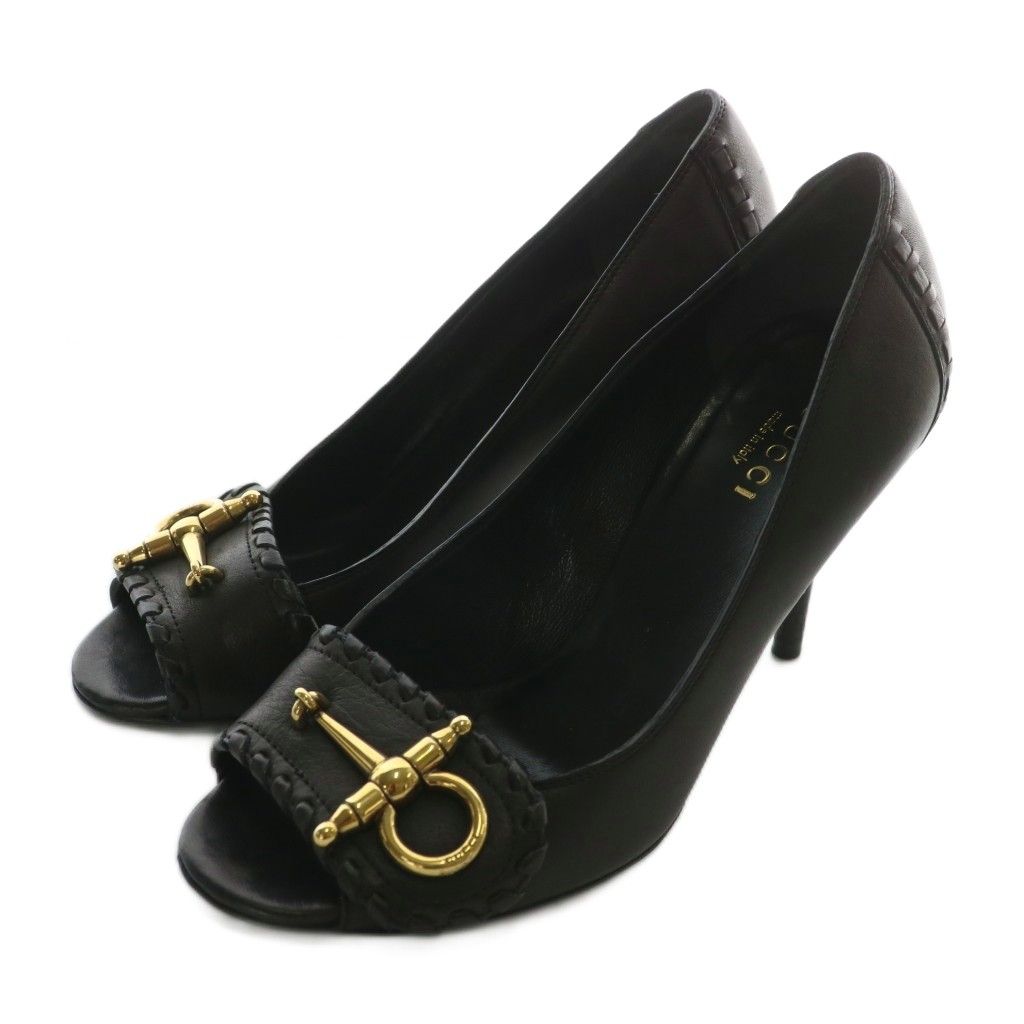 グッチ GUCCI パンプス レザー オープントゥ ハイヒール ロゴ ゴールド金具 34.5 21.5cm 黒 ブラック /XZ ■GY19