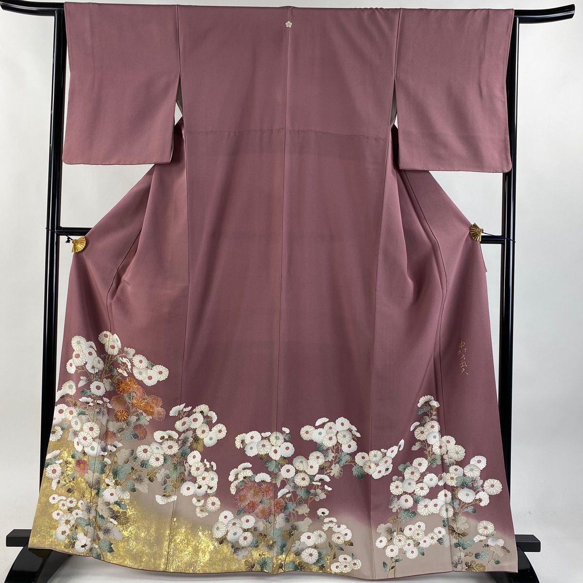 色留袖 身丈165cm 裄丈65cm M 袷 中村乃武夫 落款 菊 金糸 金彩 濃ピンク 正絹 一つ紋