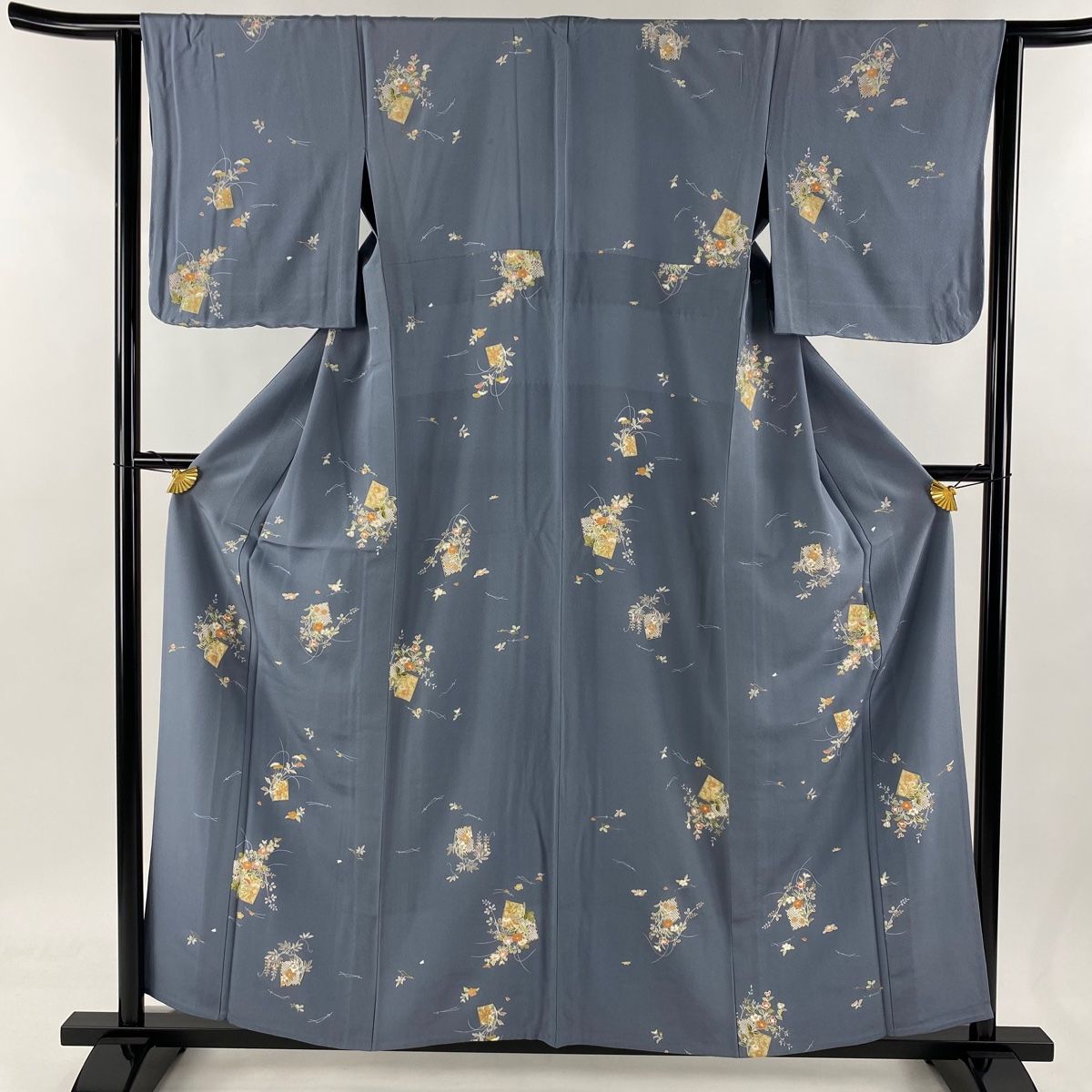 小紋 身丈158cm 裄丈63.5cm S 単衣 草花 色紙 金彩 青灰色 正絹 秀品