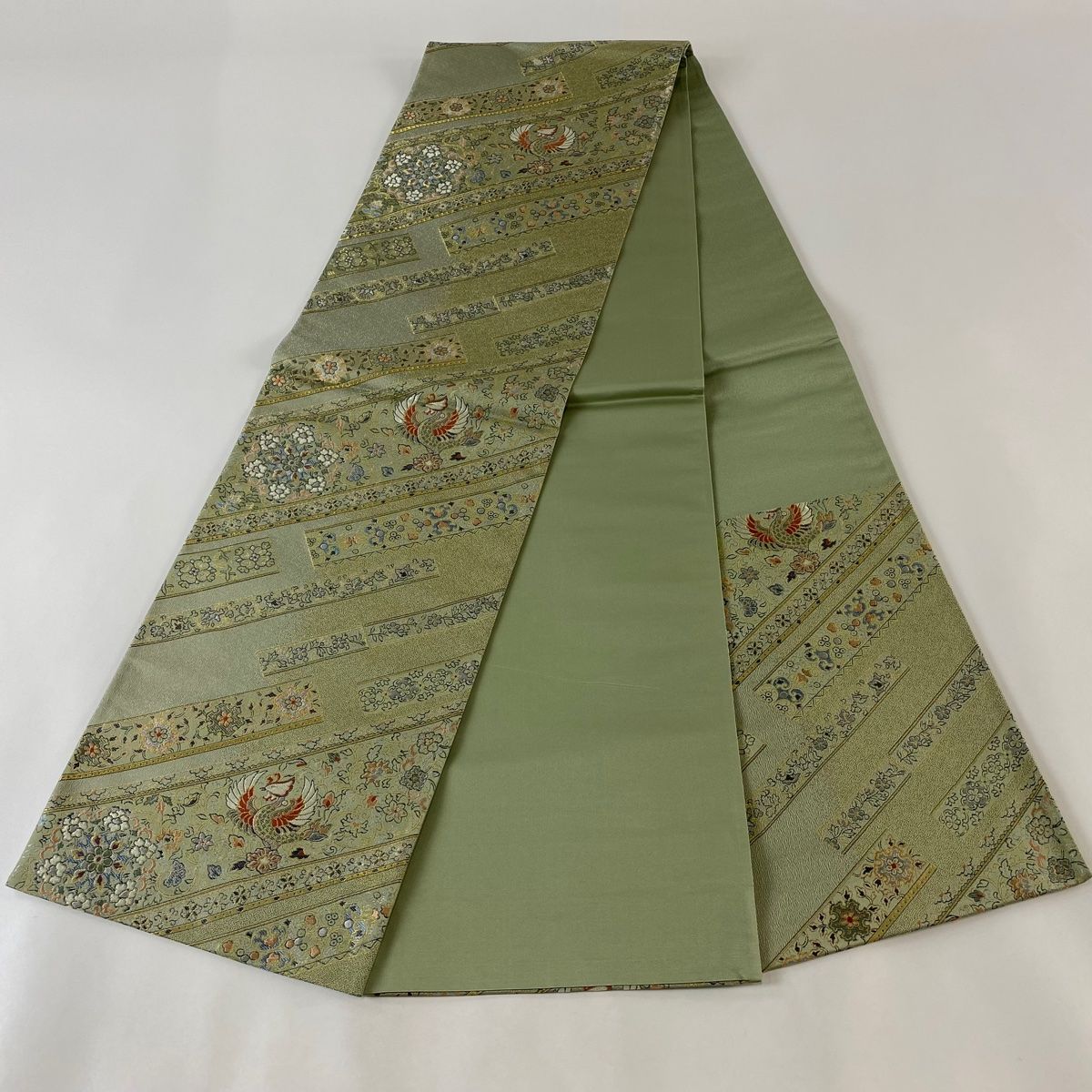 袋帯 美品 秀品 鳳凰 華文 刺繍 金糸 灰緑 六通 正絹 【中古