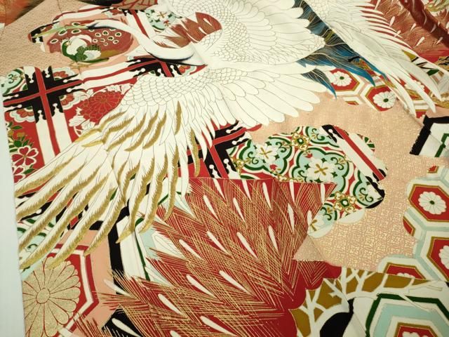 平和屋本店□極上 アンティーク 大正ロマン 振袖 刺繍 飛鶴松文 黒地