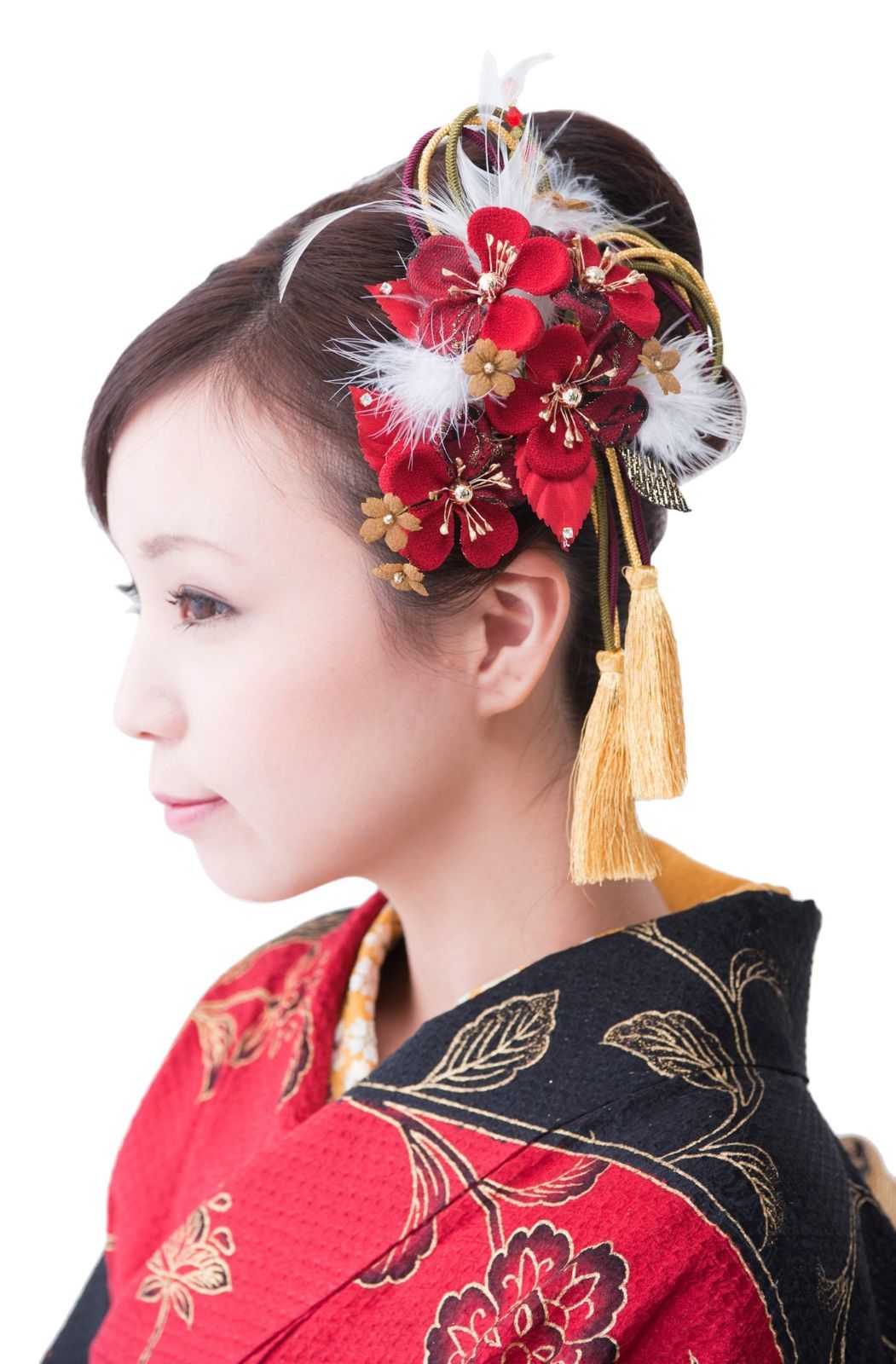 和装 着物 袴 卒業式 振袖 成人式 髪型 梅 レッド 赤 かんざし 組紐付き花髪飾り