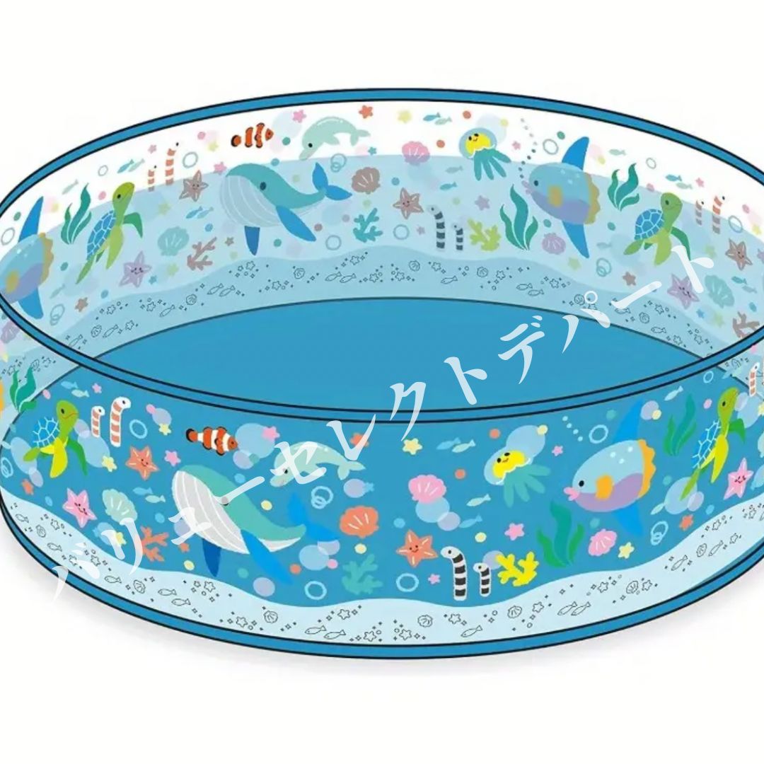 キッズプール インフレータブル即使用型 折りたたみ携帯構造 耐寒性マイナス10度対応 ペット使用可 直径122 cm高さ25 cm 鮮やか 海生物デザインイルカ熱帯魚柄 屋内屋外キャンプ夏季ビーチパーティー対応家庭用レジャー水遊びアイテム