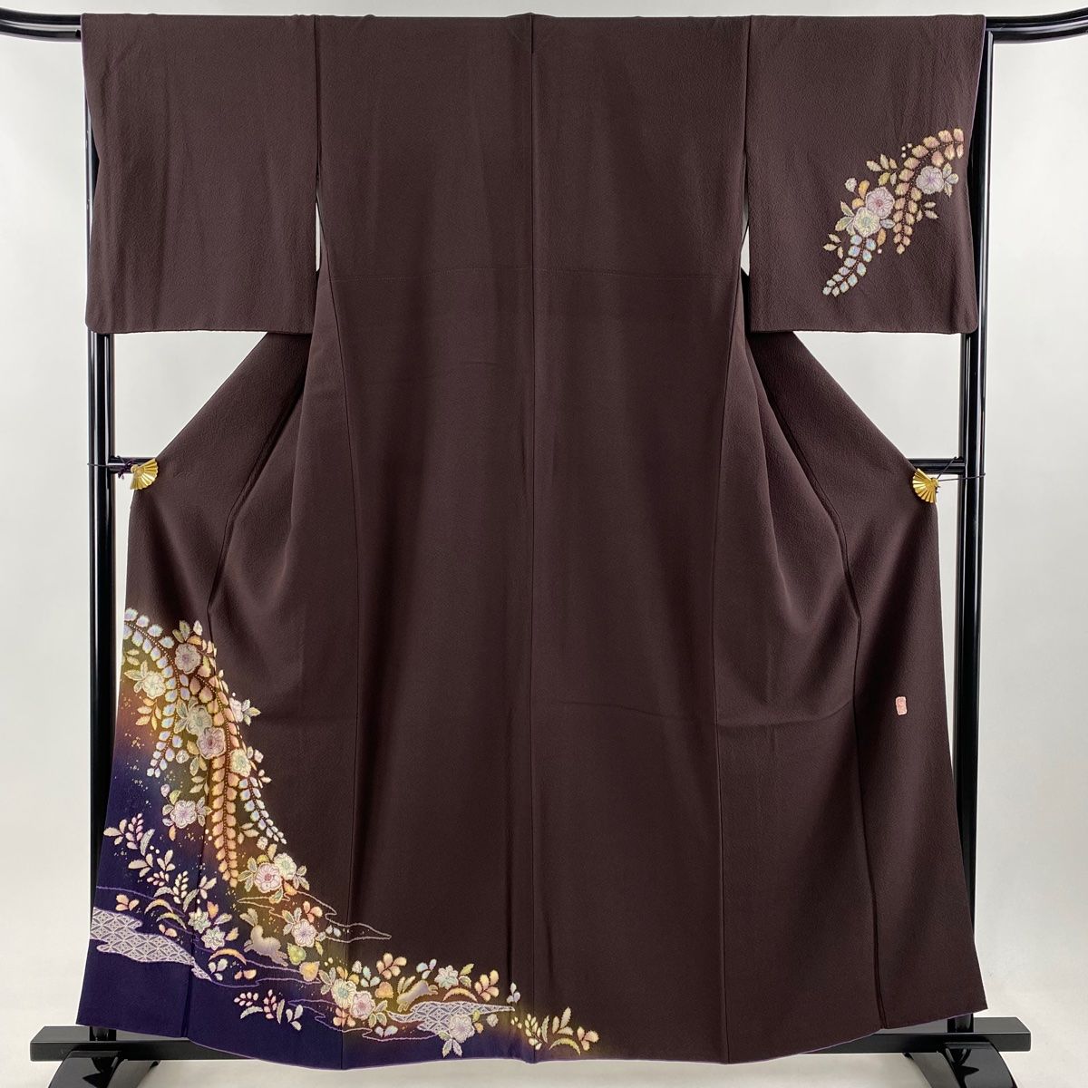 付下げ 身丈160cm 裄丈67cm M 袷 翠山工房 落款 辻が花 金彩 染め分け 茶紫 正絹