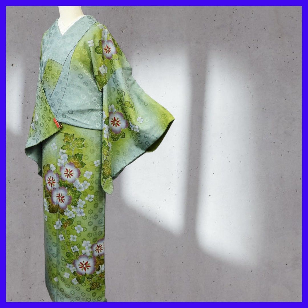 三日月とうさぎ a0307 正絹 袷付下げ 手描き花模様 菊菱亀甲の地紋