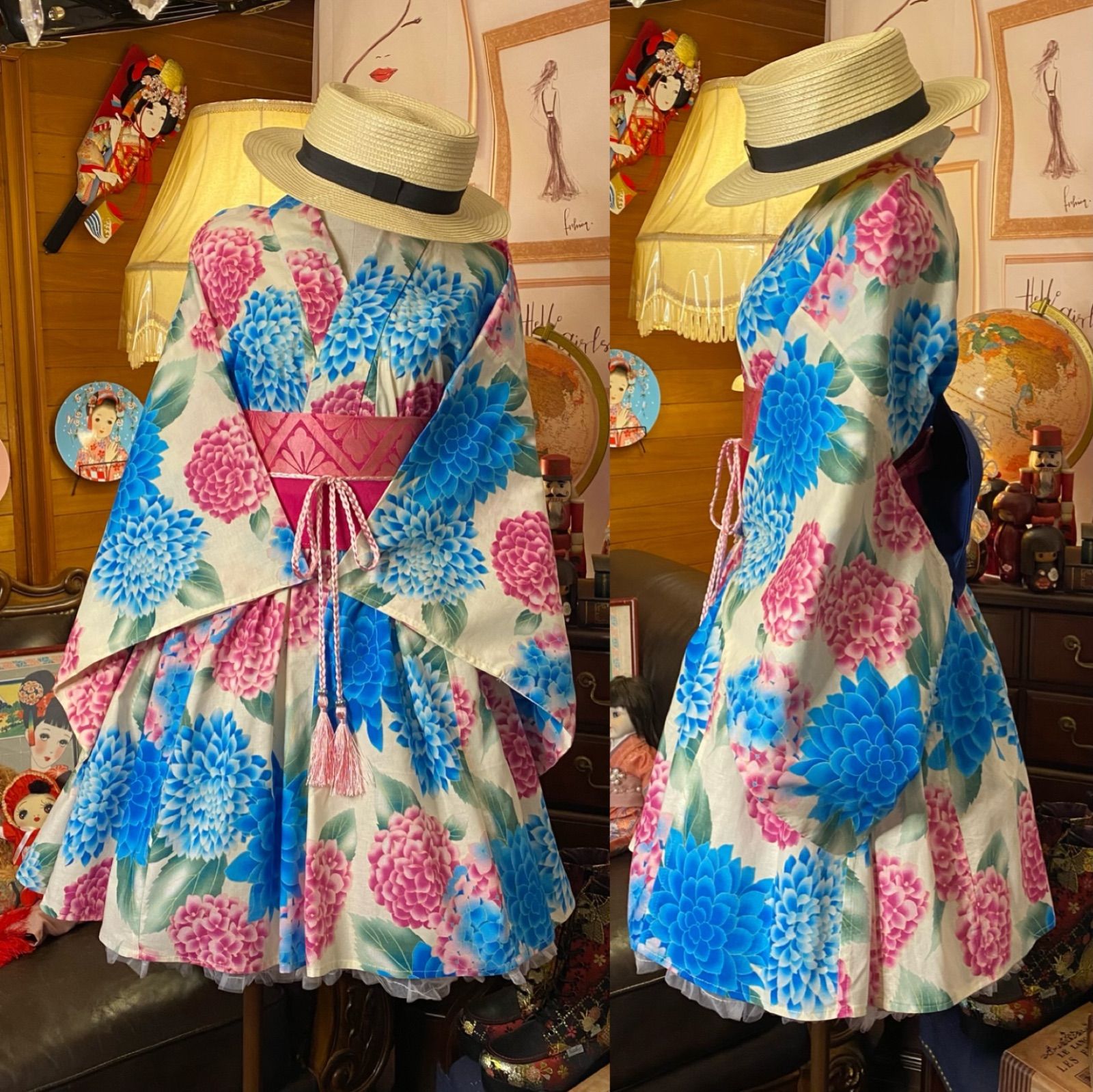 和洋折衷 浴衣 ミニ丈 ワンピース ドレス 2部式作り帯 和