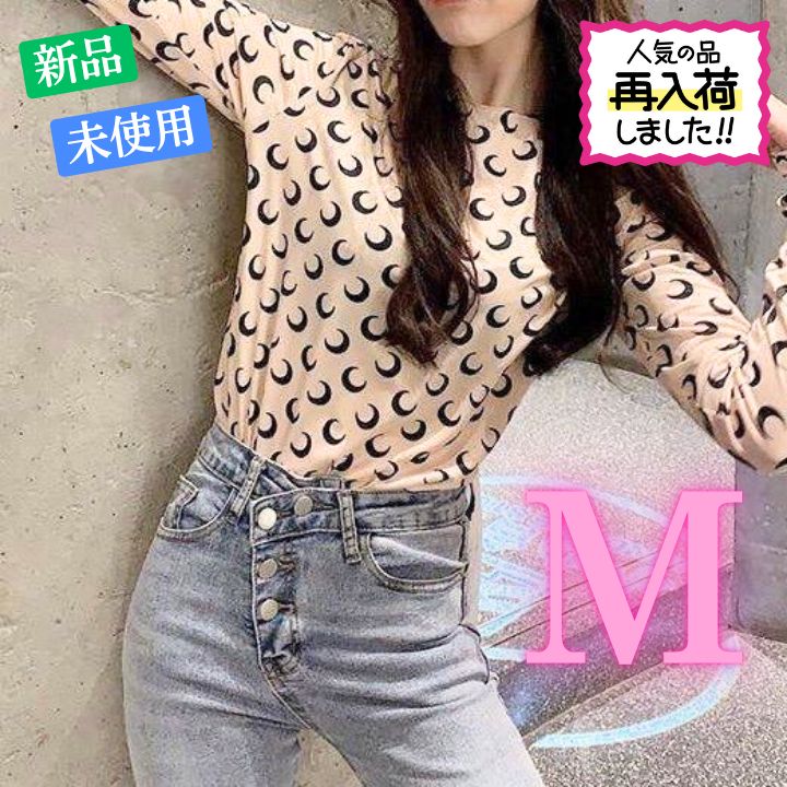 クレセントムーン 三日月 プリント トップス Tシャツ 白色黒月M