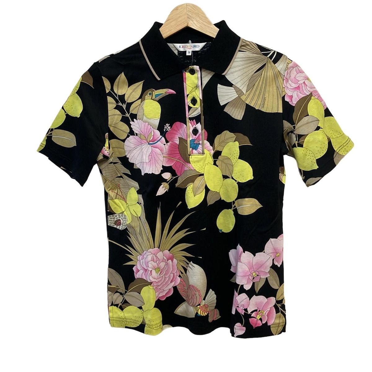 LEONARD SPORT レオナールスポーツ 半袖ポロシャツ サイズ38 M レディース - 黒×イエロー×マルチ 花柄 レモン