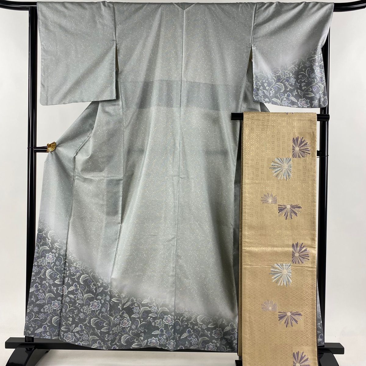 訪問着 身丈160cm 裄丈66cm M 袷 袋帯セット 紬地 草花 幾何学 ぼかし 灰色 正絹 美品 秀品 【】