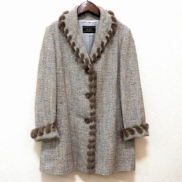 #wnc レリアン Leilian コート 13 ベージュ 茶 水色 ツイード ファー ミンク シルク混 大きいサイズ レディース [859415]