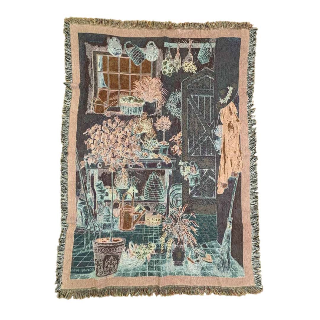 【90sオールド】風景画　フリンジ付き　ヴィンテージラグ　タペストリー Hfad485d7f6b74d05933474a49ab0b