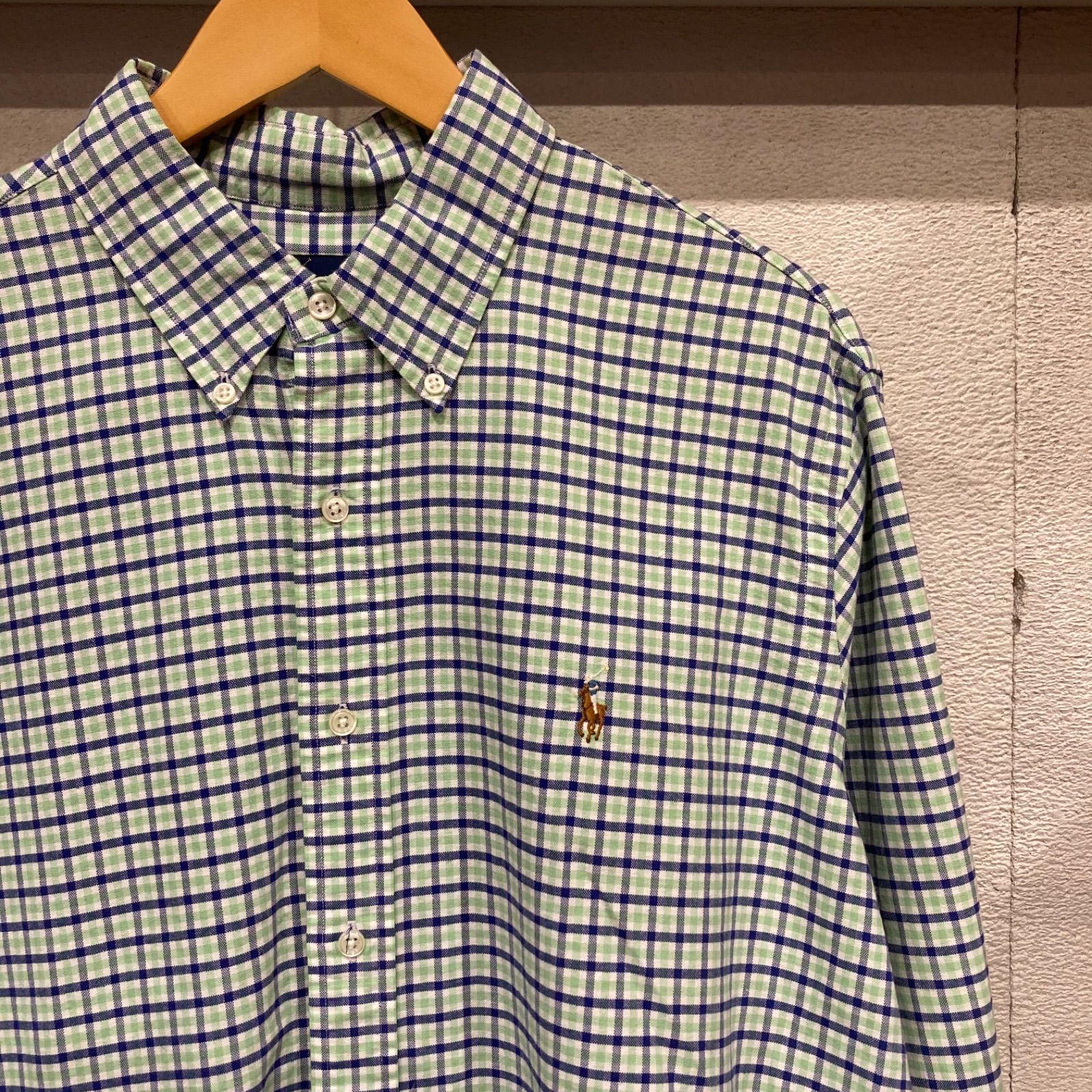 古着　ＸＬ　ラルフローレン　RalphLauren ワンポイントロゴ　ブランド長袖シャツ　ボタンダウン　チェック柄　黄緑色