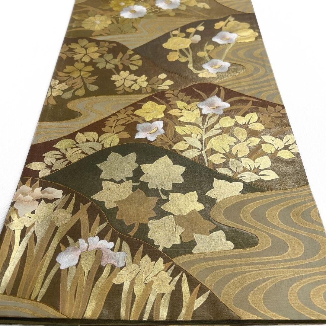 金彩　刺繍　金駒刺繍　椿　牡丹　藤　菊花　袋帯　着物　021a p 金彩刺繍金駒刺繍椿牡丹藤菊花袋帯着物021a p