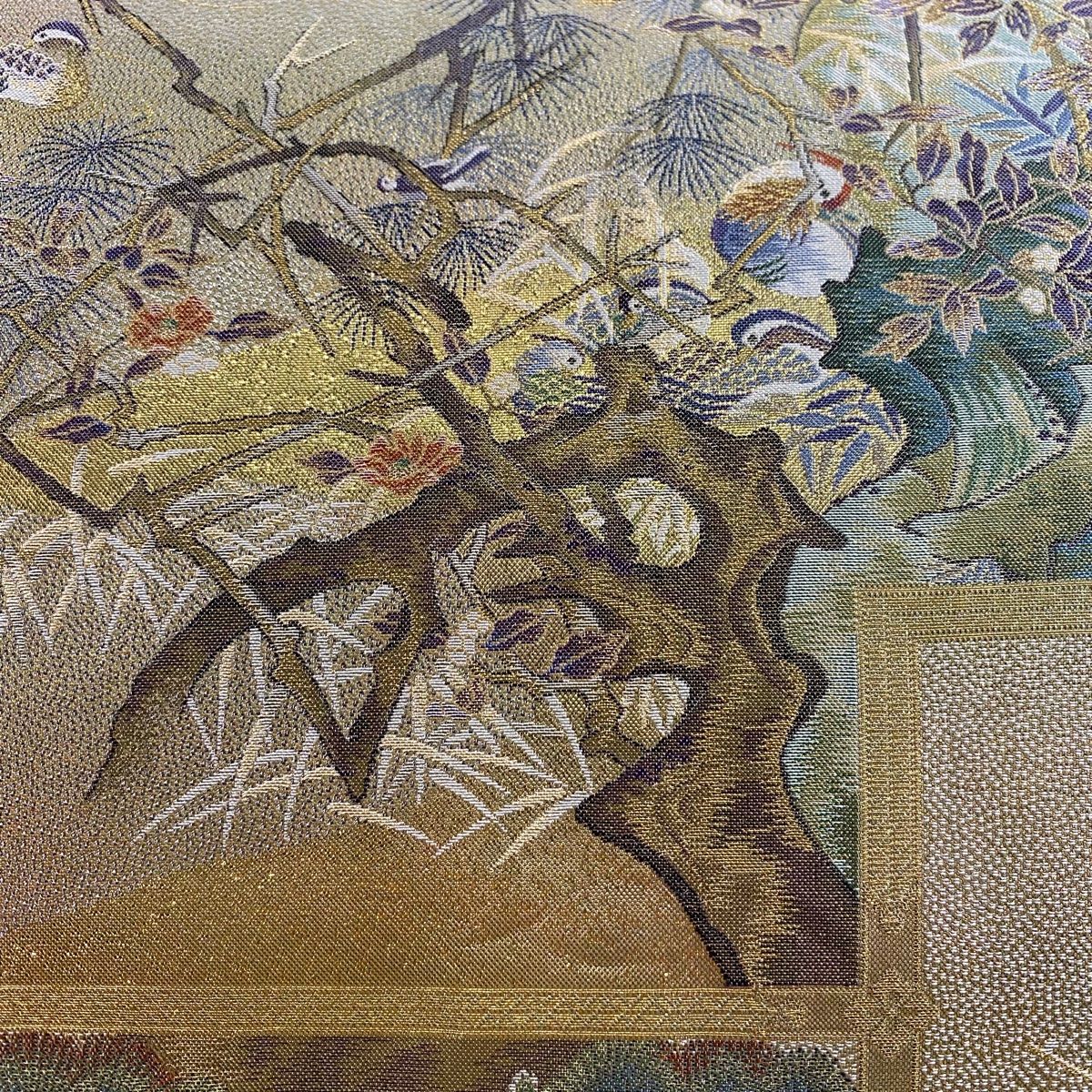 袋帯 美品 逸品 日本屏風絵大観 箔 金銀糸 鶯色 お太鼓柄 正絹