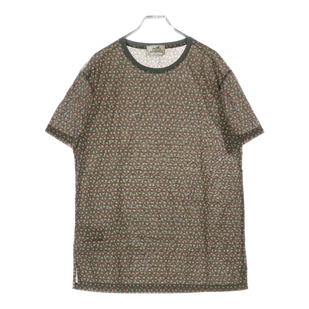 HERMES (エルメス) 総柄 クルーネック半袖Tシャツカットソー カーキ 