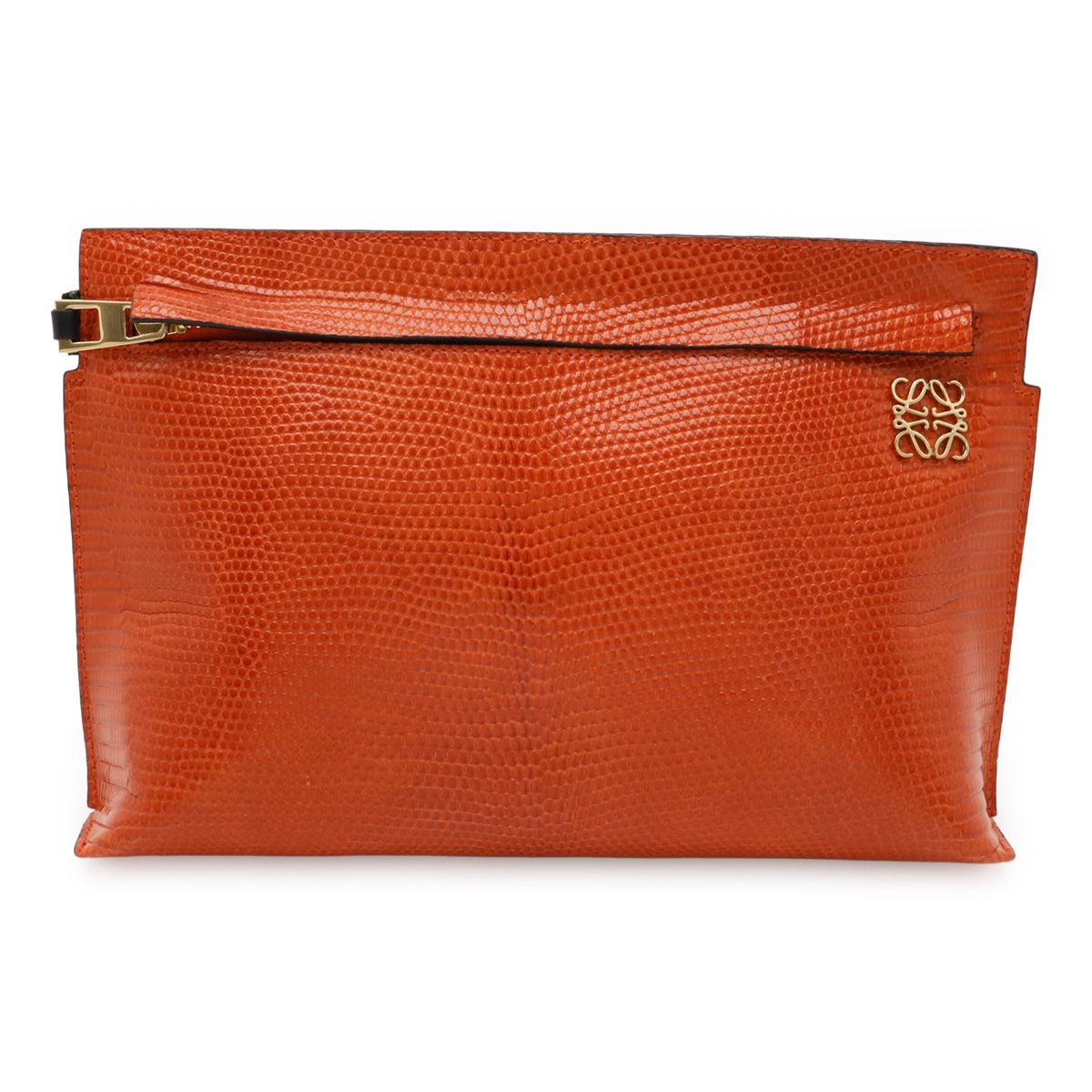 LOEWE ロエベ Tポーチ アナグラム クラッチバッグ セカンドバッグ マルチポーチ 小物入れ リザード レザー オレンジ ゴールド金具