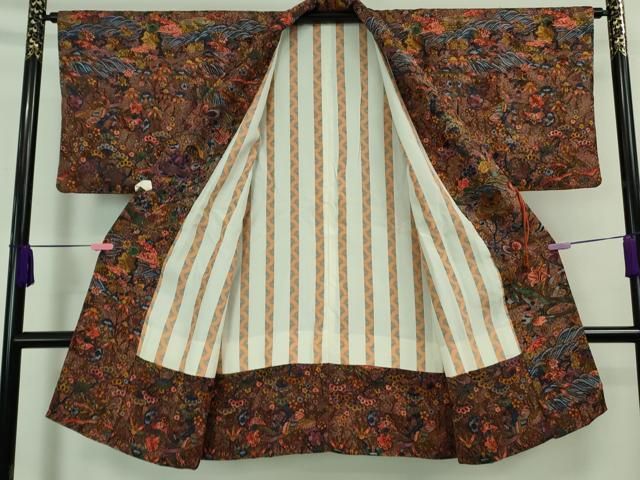 平和屋着物□極上 道中着 お召地 ロング丈 花鳥舞蝶文 逸品