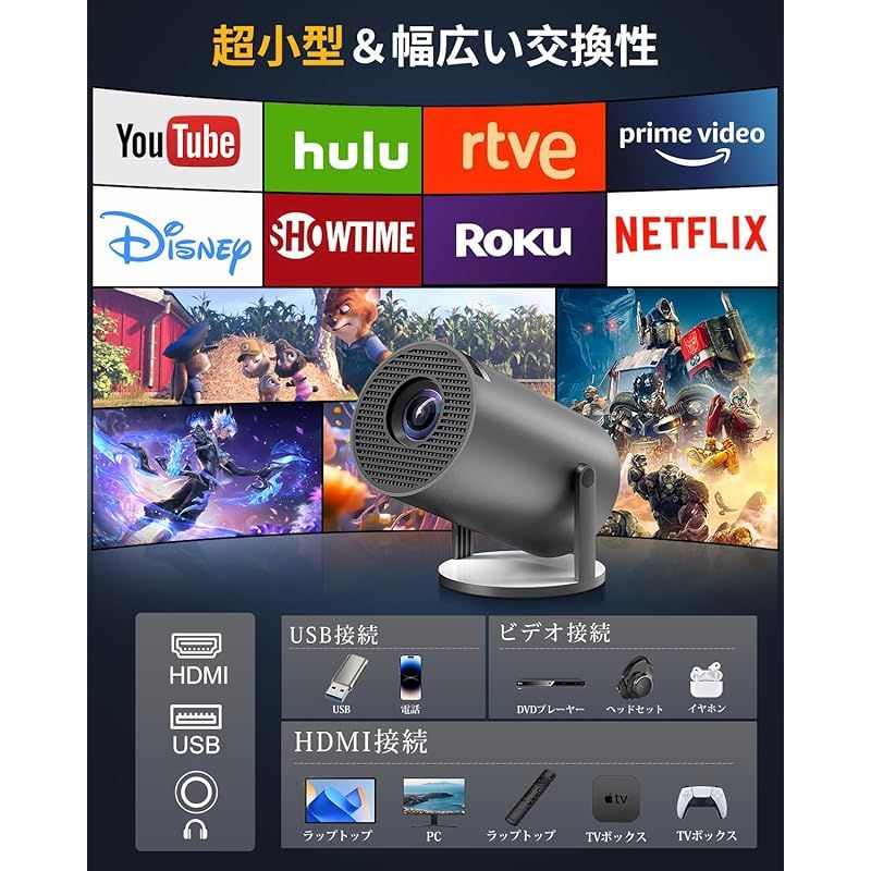 プロジェクター 小型 270°回転 超軽量465g 4K対応 天井投影 プロジェクター 家庭用 16000LM高輝度 ホームプロジェクター 50％ズーム機能 5GWIFI Bluetooth5.3 スタンド一体型 内蔵HiFiスピーカー 自動台形補正 0