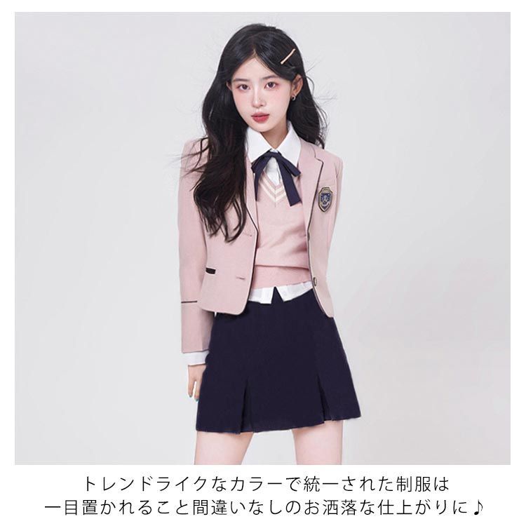 韓国 制服 6点セット ブレザー スカート ベスト シャツ リボン バッジ