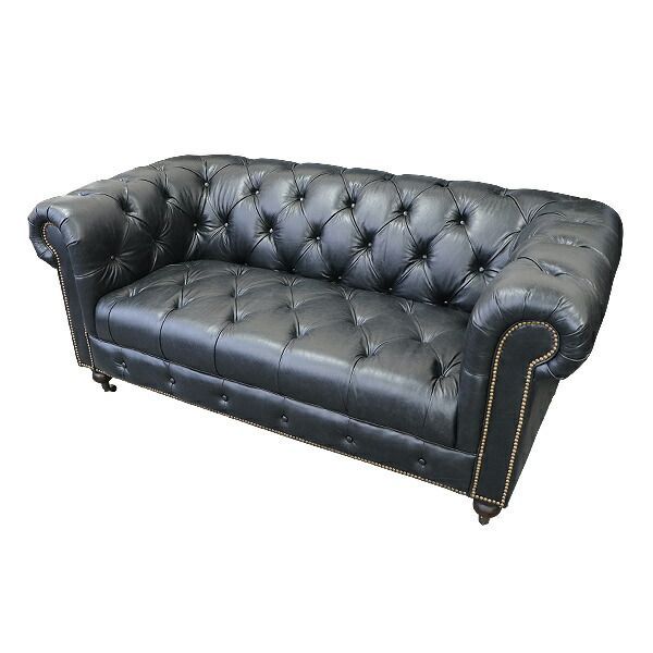 送料無料 チェスターフィールドソファ 2人掛け 黒 肘掛 総本革 本革