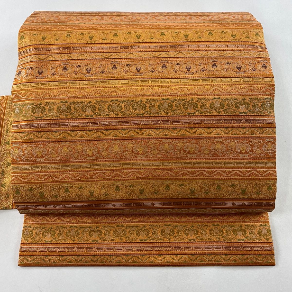 名古屋帯 美品 優品 縞 花唐草 オレンジ 正絹 【中古】 美品】 名古屋