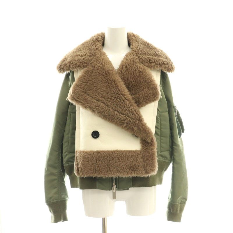 サカイ sacai ファイクシアリングナイロンツイルブルゾン フェイクレザー切替 ボア 1 カーキ 茶 白 |MI OS SH