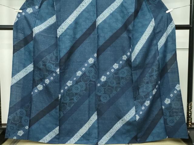 平和屋本店□極上 伝統工芸士 七代目 吉澤与市 紬 単衣 絞り 斜線花文