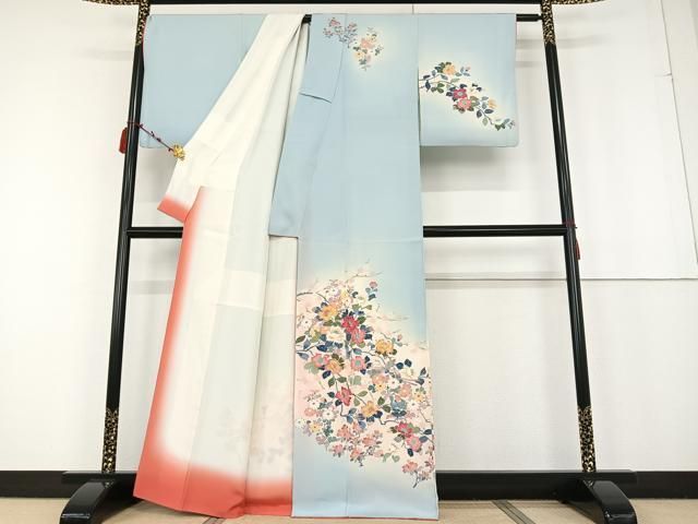 平和屋着物●訪問着　友禅　作家物　螺鈿　花鳥文　金彩　正絹　逸品　未使用　AABH4689fy 平和屋着物○訪問着 友禅 扇面花文 暈し染め 金彩 ますいわ屋扱い 正絹