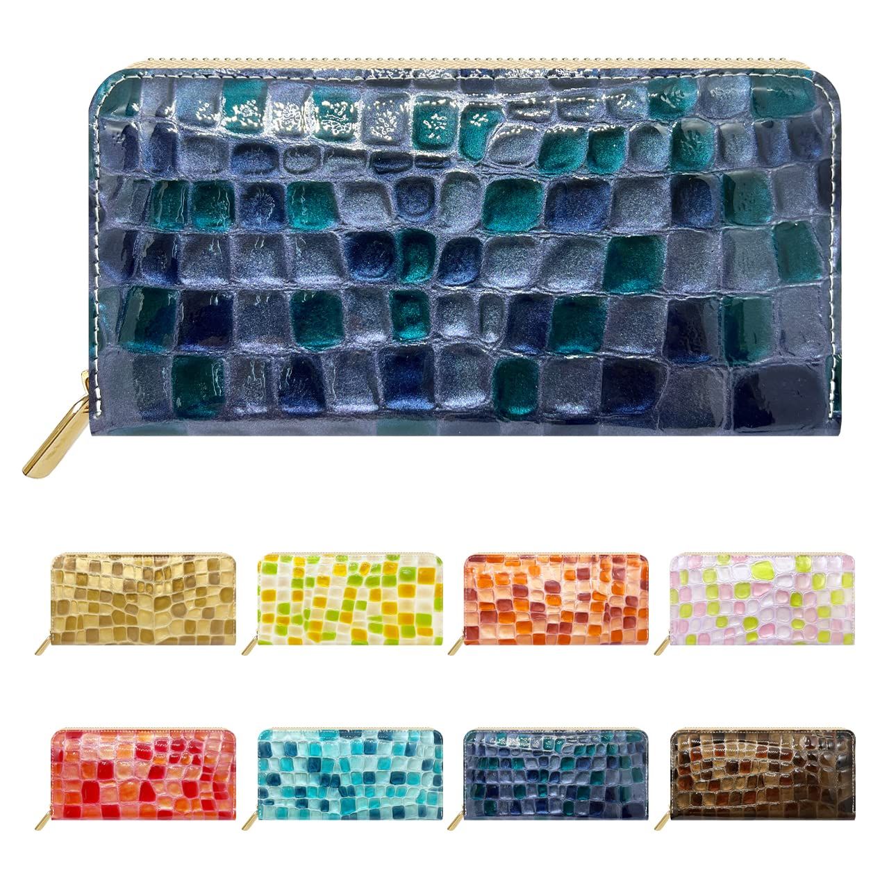 leo-aoi 長財布 本革 ラウンド型 財布 ラウンドファスナー サイフ さいふ ウォレット ロングウォレット カード収納 小銭入れ 革 牛革 レザー エナメル 上品なステンドグラス ネイビー