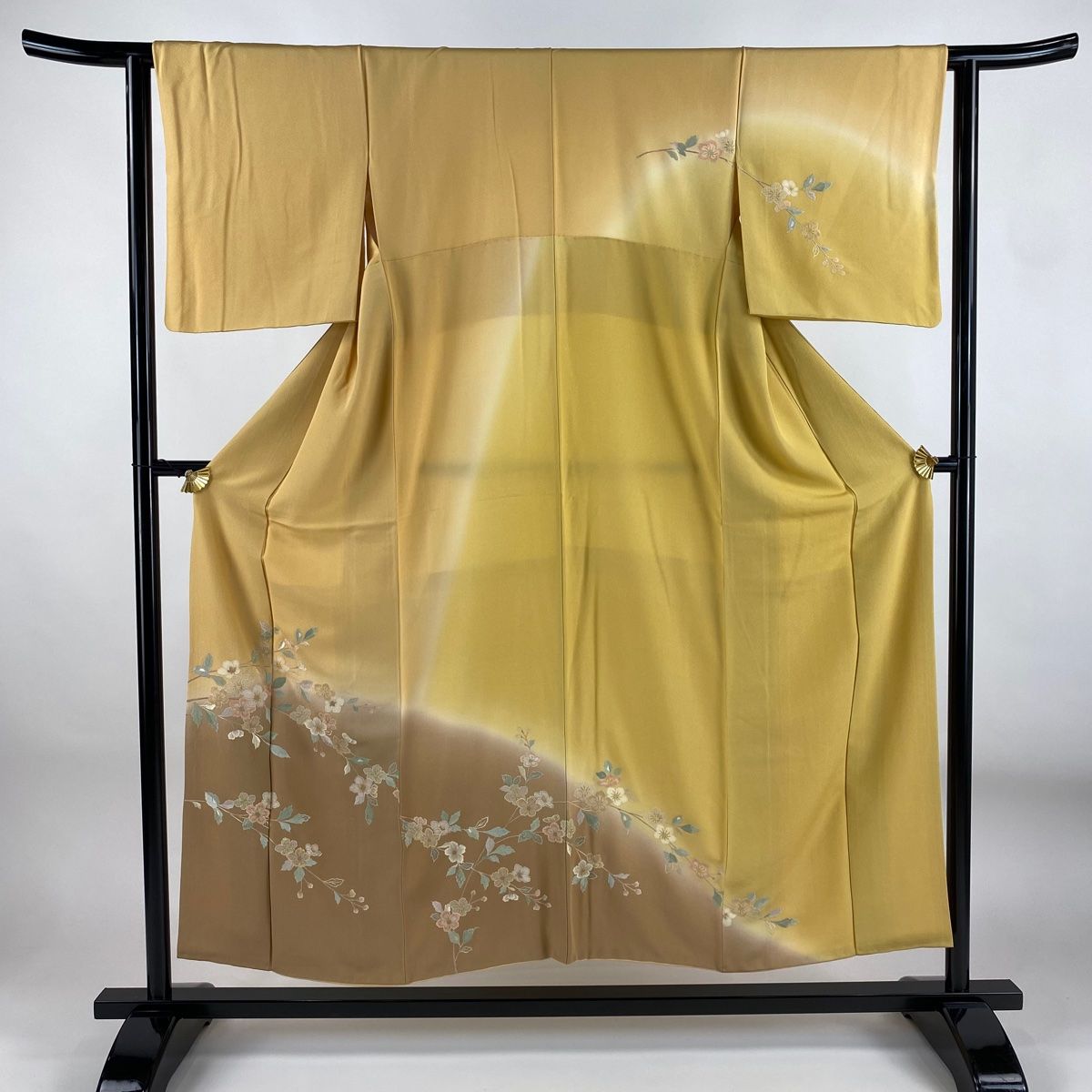 訪問着 身丈150cm 裄丈62cm S 袷 枝花 金糸 刺繍 山吹色 正絹 秀品