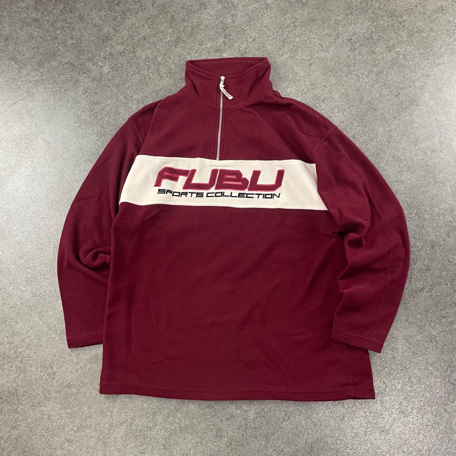 Y2K archive FUBU Fleece Jacket Half Zip Hip-Hop フブ フリースジャケット ハーフジップ プルオーバー ワッペン ロゴ刺繍 ヒップホップ バーガンディー メンズ L
