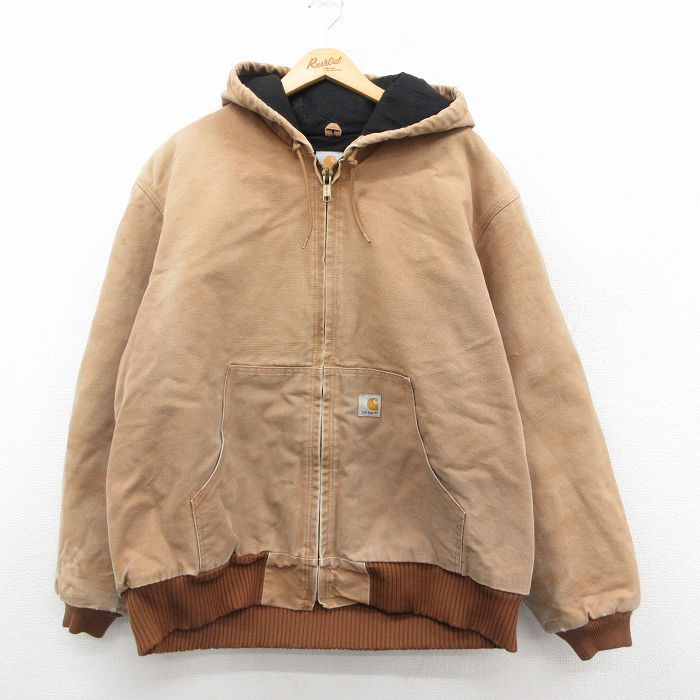 XL|古着 カーハート 長袖 アクティブ ジャケット パーカー メンズ 90s ワンポイントロゴ ダック地 大きいサイズ ベージュ系 カーキ 内側キ