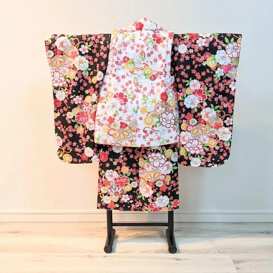 女の子 七五三 3歳 被布 着物セット 黒 お買い得品 白 古典 桜 鞠 s17