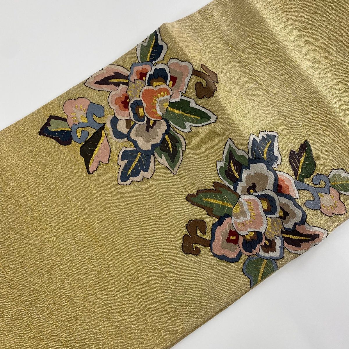 袋帯 美品 逸品 夏帯 草花 金糸 綴れ 金色 お太鼓柄 正絹 【中古