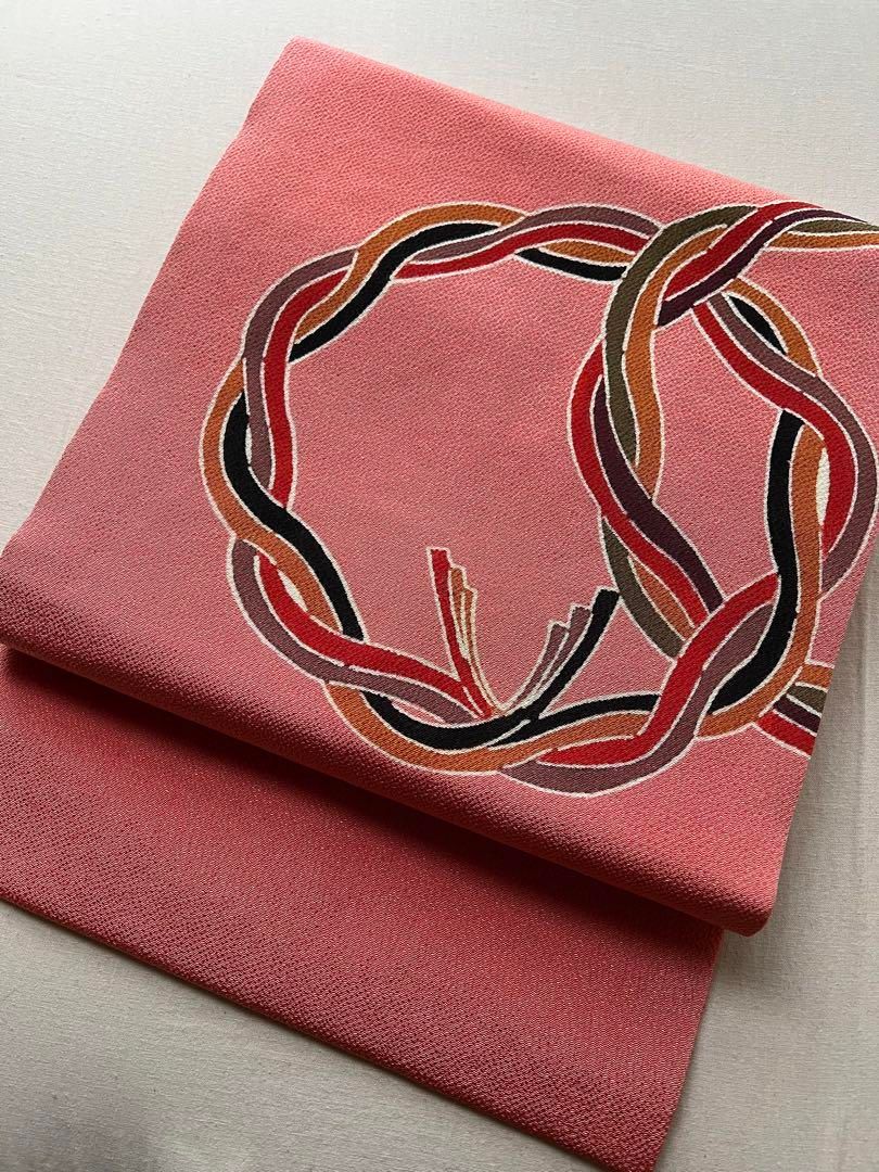 正絹 名古屋帯 縮緬 型染め 輪違い模様