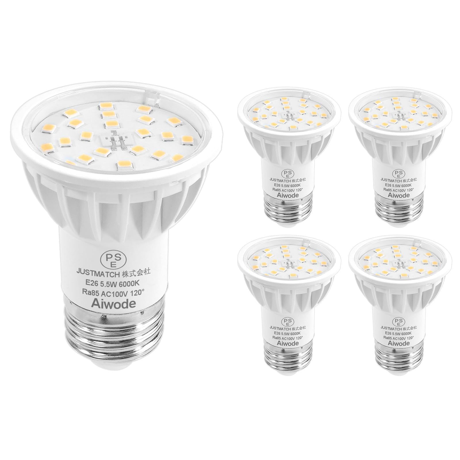【新着商品】Aiwode E26 LED電球E26口金LEDスポットライト5.5W(50-60W形相当)昼光色6000K非調光器対応RA＞85 広角120度 高輝度600LM E26 LED電球 PSE認証済(5個セット)