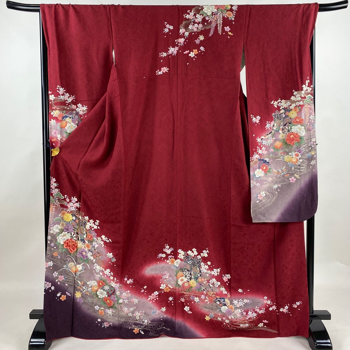 振袖 身丈169cm 裄丈67cm M 袷 御所車 草花 金糸 刺繍 赤 正絹 名品