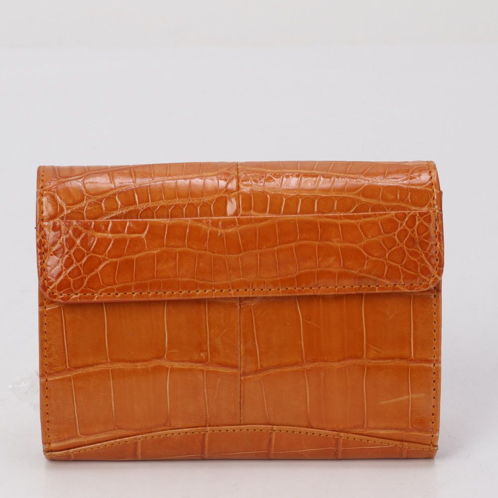 美品 クロコダイル レザー 二つ折り 財布 オレンジ ウォレット 本革 クロコ メンズ レディース MMM AS15-6【中古】