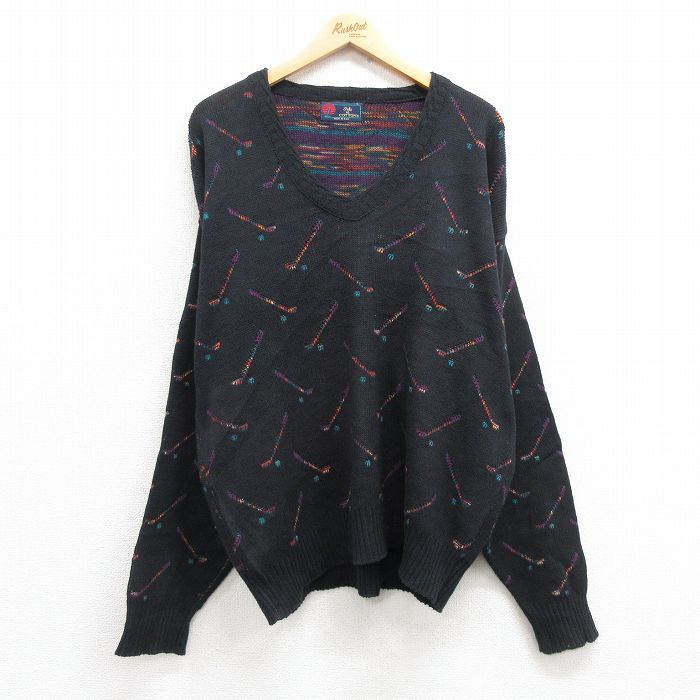 XL/古着 長袖 セーター メンズ 90s ゴルフ コットン Vネック 黒 ブラック 25jan15 中古 ニット トップス