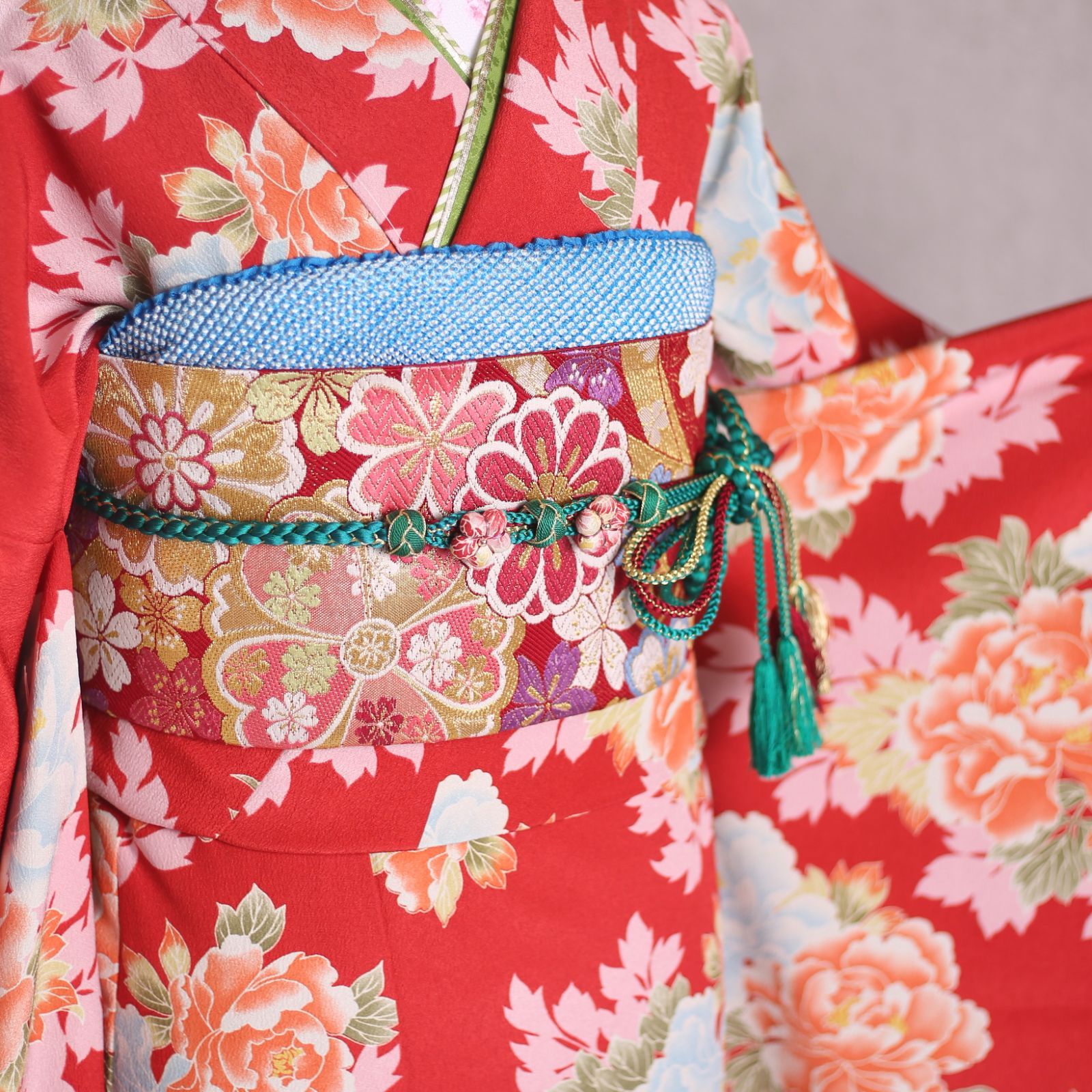 美品正絹お振袖7点フルセットM～Lサイズ赤洋花】 お