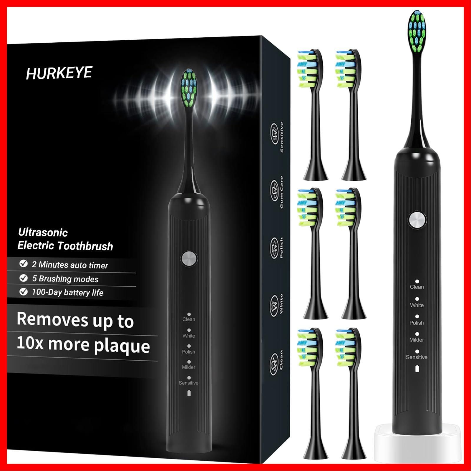 【在庫処分】HURKEYE 電動歯ブラシ、音波電動歯ブラシ、超音波振動歯ブラシ、交換用ブラシ6個、コードレス急速充電、1回の充電で100日、5モード、電動歯ブラシ研磨、2分間自動タイマー機能
