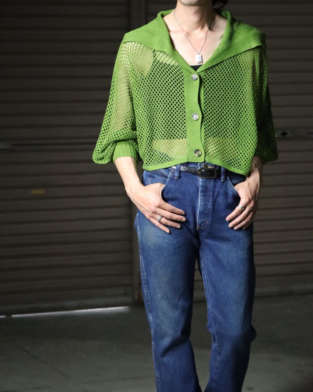 Matcha color mesh knit cropped cardigan 抹茶 メッシュ ニット ショート丈 ボタンフロント カーディガン ボリュームスリーブ
