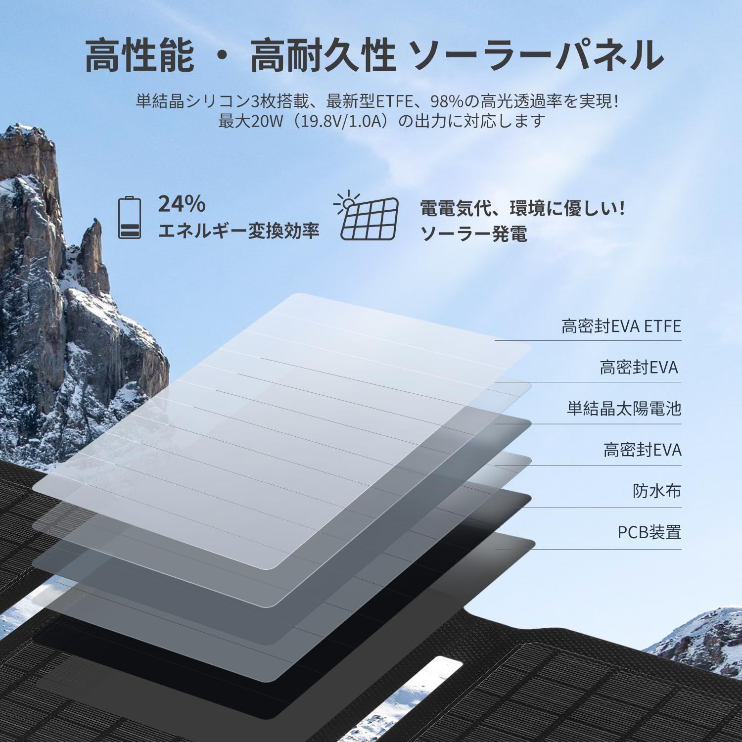 FlexSolar 20W ソーラーパネル 折りたたみ式 薄型 USB/DCポート付き(最大19.8V/1.1A) IP67防水防塵 ソーラー充電器 スマホ充電器 ハイキング、災害時にも最適 Phone/Pad/Android各機種対応