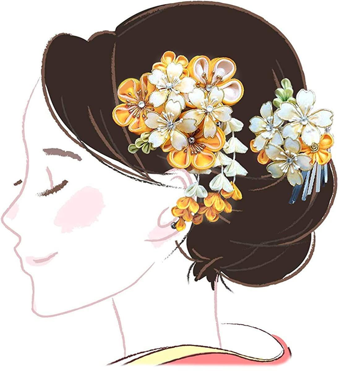 wk-346 成人式 黄色 振袖 つまみ細工 髪飾り２点セット 桜 京都うさぎ堂 銀ビラ