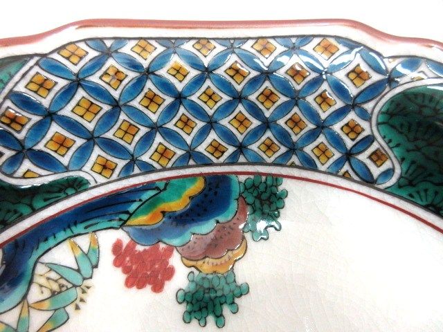 九谷焼 秀幸 作 飾り皿 八角大皿 緑 青 赤 色絵花鳥 陶器 陶磁器