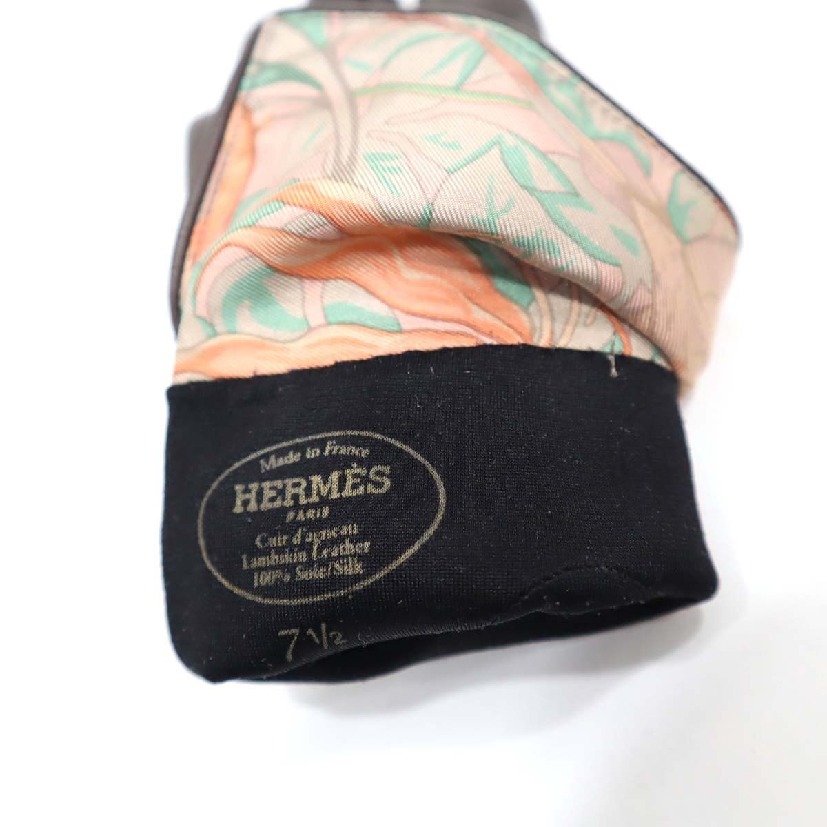 エルメス HERMES 手袋 レザー シルク ブラウン サイズ 7 1/2 防寒