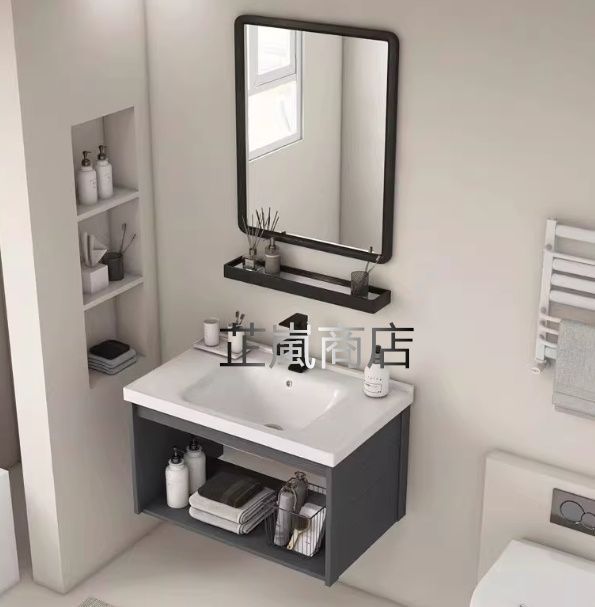 陶器一体化の洗浄台盆 トイレ鏡つき