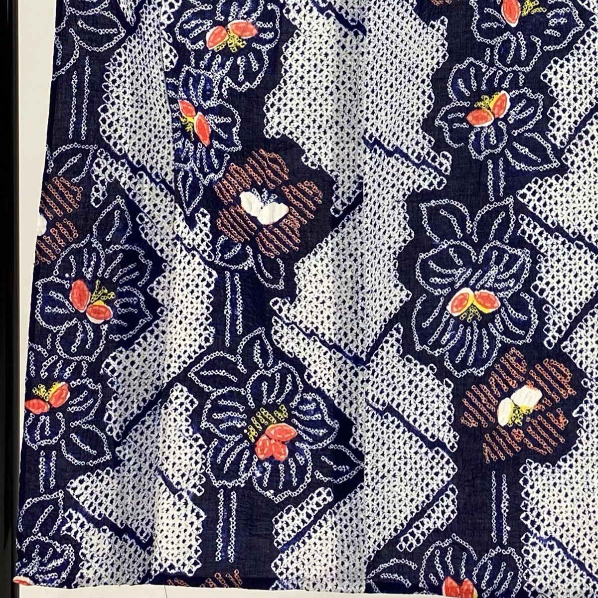 浴衣 身丈150.5cm 裄丈64.5cm M 絞り浴衣 草花 紺色 綿