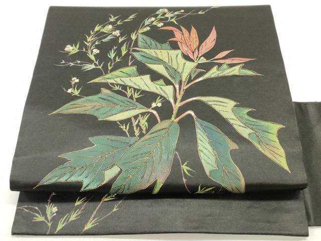 平和屋着物●アンティーク 大正ロマン 九寸名古屋帯 手描き 草花文 黒地 正絹 DAAY0171ob