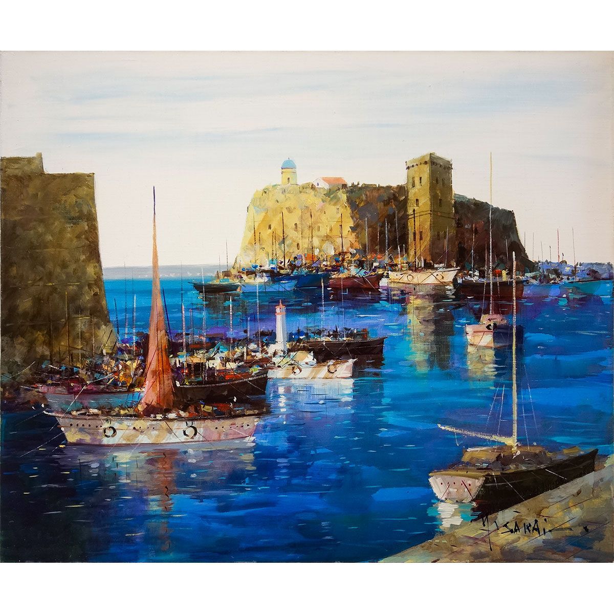 油彩画 F20号 酒井健吉 マルセイユ 油彩画 額付き 油絵 真筆 手描き 肉筆画 風景画 南フランス Marseille イフ島 モンテクリスト伯 新構造美術社 旅の思い出 YE517